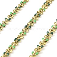 304 Stainless Steel Leaf Link Chains, with Enamel, Ion Plating(IP), Soldered, with Spool, Real 18K Gold Plated, Green, 6x5.5x1.5mm, 10m/roll(CHS-C014-01G-03)