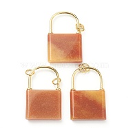 Natural Sunstone Pendants, with Golden Plated Brass Findings, Lock, 46.5~47x30x7mm, Hole: 6mm(G-B012-16G-03)