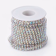 Brass Rhinestone Strass Chains, with Spool, Rhinestone Cup Chains, Silver Color Plated, Crystal AB, 4mm, about 10yards/roll(CHC-T001-SS18-02S)