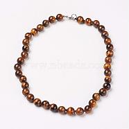 Natural Tiger Eye Beads Necklaces, with Brass Lobster Claw Clasps, Round, 17.7 inch(45cm) long, beads: 8mm.(NJEW-F138-8mm-02)