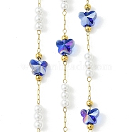 10M Ion Plating(IP) 304 Stainless Steel & ABS Plastic Pearl Bead & Butterfly Glass Link Chains, Soldered, with Spool, Real 18K Gold Plated, Royal Blue, Butterfly: 6.5x7.5x5mm, Bead: 4x3.5mm, about 32.81 Feet(10m)/Roll(CHS-G035-04G-10)