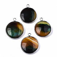 Natural Banded Agate Pendants, with Platinum Plated Brass Findings, Dyed & Heated, Flat Round, Colorful, 27~28x23~24x7~9.5mm, Hole: 2mm(G-N326-87A-02)