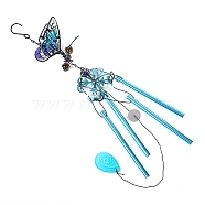 Butterfly Wind Chime, Glass & Iron Art Pendant Decoration, with Tube, Dark Turquoise, 700x100mm(WICH-PW0001-59B-03)