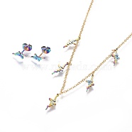 (Jewelry Parties Factory Sale), 304 Stainless Steel Jewelry Sets, Cable Chains Pendant Necklaces and Stud Earrings, with Ear Nuts, Heartbeat, Rainbow Color, 16.4 inch(41.8cm), 1.5mm, 6x12.5x1.5mm, Pin: 0.7mm(SJEW-F210-15G)