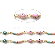Brass Enamel Evil Eye Link Chains, with Colorful Glass Beaded, Soldered, with Spool, Real 18K Gold Plated, 20x3x2mm, 9x4.5x4mm(CHC-A006-04G)