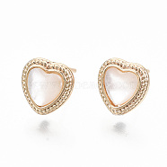 Brass Micro Pave Clear Cubic Zirconia Stud Earring Findings, with Freshwater Shell, with Loop, Nickel Free, Heart, Real 18K Gold Plated, 9x9mm, Hole: 0.9mm, Pin: 0.8mm(KK-T062-49G-NF)