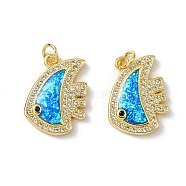 Brass Micro Pave Cubic Zirconia Pendants, with Synthetic Opal and Jump Ring, Fish, Real 18K Gold Plated, 19x14x3.5mm, Hole: 3.5mm(KK-A197-09G)