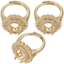 3Pcs Adjustable Brass Micro Pave Clear Cubic Zirconia Finger Ring Components, 4 Claw Prong Ring Settings, Flower, Golden, Inner Diameter: 18.4mm, Tray: 12x10mm(ZIRC-BBC0001-94)