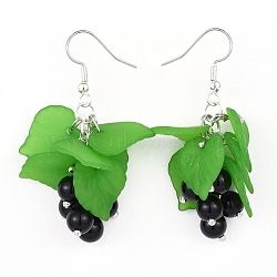 Acrylic Dangle Earrings, with Natural Black Agate and Brass Earring Hooks, Green, 45~47mm, Pin: 0.6mm(EJEW-JE03181-02)