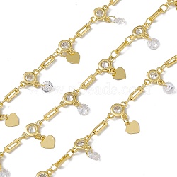 Brass Rectangle & Cubic Zirconia Flat Round Link Chains, with Heart Charms, with Spool, Soldered, Long-Lasting Plated, Cadmium Free & Nickel Free & Lead Free, Real 18K Gold Plated, 8.5x6.5x2mm and 6x2x0.5mm(CHC-P010-02G)