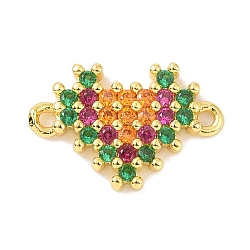 Real 18K Gold Plated Brass Micro Pave Cubic Zirconia Connector Charms, Heart Links, Colorful, 9.5x14x2mm, Hole: 1.1mm(KK-L209-052G-01)