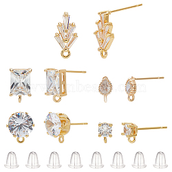 ANATTASOUL 10Pcs 5 Style Brass with Cubic Zirconia Stud Earring Findings, with Loops and 50Pcs Plastic Ear Nuts, Mixed Shape, Real 18K Gold Plated, 6.5~14.5x4~7.5mm, Hole: 1.5mm, Pin: 0.7mm, 1 Pair/style(DIY-AN0001-14)