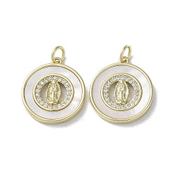 Brass Micro Pave Cubic Zirconia Pendants, with Shell, Virgin Mary Pattern, Real 18K Gold Plated, Flat Round, 19.5x17x3mm, Hole: 3mm(KK-G485-19E-G)