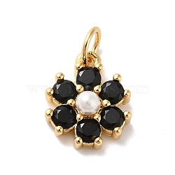 Rack Plating Brass Micro Pave Cubic Zirconia Charms, with Pearl, Cadmium Free & Lead Free, Real 18K Gold Plated, Flower, Black, 12.5x10.5x4mm, Hole: 3.6mm(KK-A160-22D-G)