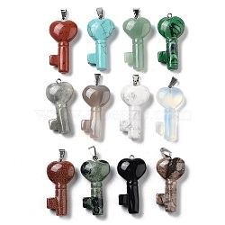 Natural & Synthetic Mixed Gemstone Pendants, Key Charms with Platinum Plated Iron Snap on Bails, 42~44x21~22x9~10mm, Hole: 8x4.5mm(G-P520-12P)