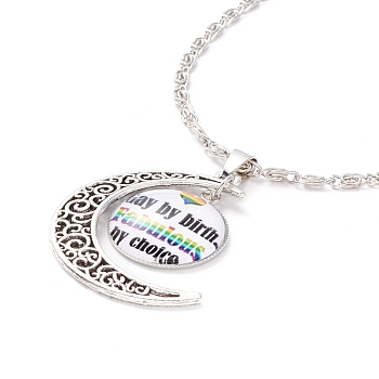 Rainbow Pride Necklace, Gay By  Birth Fabulous By Choice Flat Round & Moon Pendant Necklace for Men Women, Antique Silver & Platinum, Word, 18.31 inch(46.5cm)