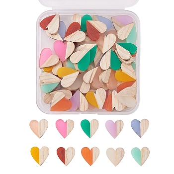 Resin & Wood Two Tone Cabochons, Heart, Mixed Color, 15x14.5x3mm, 5pcs/color, 10colors, 50pcs/box,
