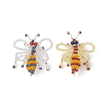 2Pcs Handmade Glass Seed Beads Woven Pendants, with Jump Rings, Bee Charms, Mixed Color, 35x32x3mm, Hole: 3mm, 2pcs/set