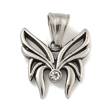 316 Surgical Stainless Steel Pendants, with Rhinestone, Butterfly Mariposa Charm, Antique Silver, 22x21x3.5mm, Hole: 5x8mm