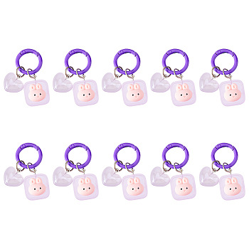 10Pcs Luminous Resin Keychain, with Iron Key Rings, Glow In The Dark, Heart & Square with Rabbit, Lilac, 2.1x1.8cm