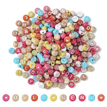 Opaque Acrylic Beads, Metal Enlaced, Flat Round with Random Letter/Heart, Mixed Color, 6.5~7x7x3~4mm, Hole: 1.6~1.8mm, 300pcs/bag