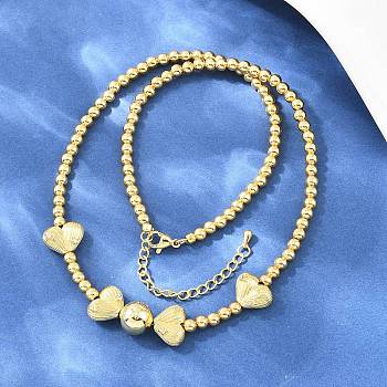 Brass Micro Pave Clear Cubic Zirconia Heart Round Beaded Bib Necklaces for Women, Long-Lasting Plated, Rack Plating, Lead Free & Cadmium Free, Real 18K Gold Plated, 16.93 inch(43cm)