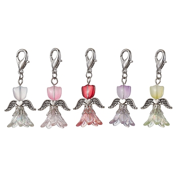 Lily Angel Glass Pendant Decorations, with Alloy Swivel Lobster Claw Clasps, Antique Silver, 47mm