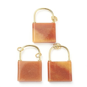 Natural Sunstone Pendants, with Golden Plated Brass Findings, Lock, 46.5~47x30x7mm, Hole: 6mm