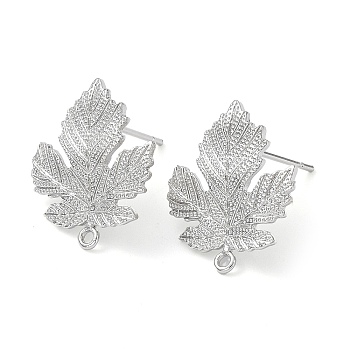 Brass Stud Earring Finding, with Horizontal Loop, Maple Leaf, Real Platinum Plated, 18x15mm, Hole: 1.2mm, Pin: 0.7mm