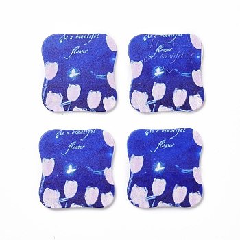 Acrylic Cabochons, for Hair Pins, Hair & Earrings Accessories, Rectangle with Flower Pattern, Blue, 36x34x2.5mm