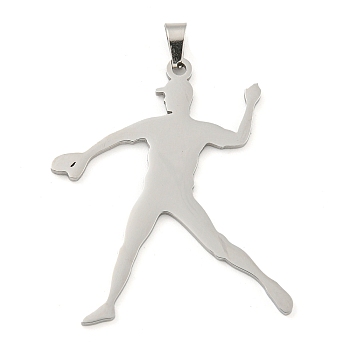 Non-Tarnish 304 Stainless Steel Pendants, Laser Cut, Baseball Pitcher Charm, Stainless Steel Color, 40x32x1.5mm, Hole: 6x3mm