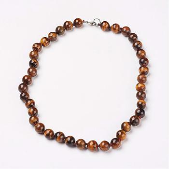 Natural Tiger Eye Beads Necklaces, with Brass Lobster Claw Clasps, Round, 17.7 inch(45cm) long, beads: 8mm.