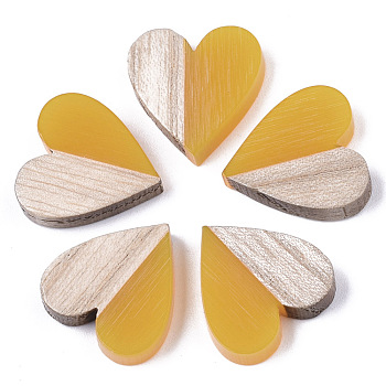 Resin & Wood Two Tone Cabochons, Heart, Goldenrod, 15x14.5x3mm