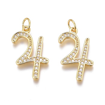 Brass Micro Pave Clear Cubic Zirconia Pendants, Long-Lasting Plated, Figure 4, Real 18K Gold Plated, 21x15x1.5mm, Hole: 3mm