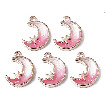 Alloy Resin Pendants, with Glitter Powder, Moon, Lead Free, Golden, Pink, 19x13.5x2.5mm, Hole: 1.6mm