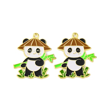 Golden Plated Alloy Enamel Pendants, Cadmium Free & Lead Free, Panda Charm, Bamboo, 30x25x1mm, Hole: 1.8mm