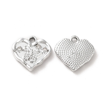 Crystal Rhinestone Pandants, with Rack Plating Alloy Findings, Nickel Free, Heart with Butterfly Charms, Platinum, 14x15x2.5mm, Hole: 1.6mm