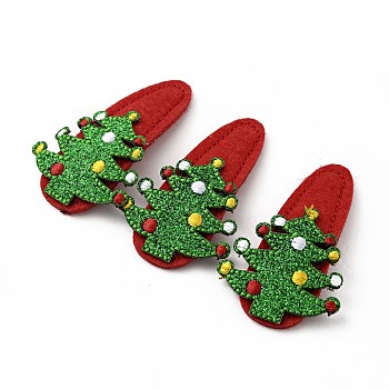Glitter Christmas Tree Non Woven Fabric Snap Hair Clips, with Iron Clips, Hair Accessorise for Girls, Green, 56x34x4mm