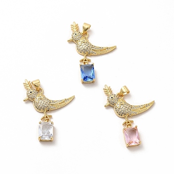 Brass Micro Pave Cubic Zirconia Pendants, with Glass, Bird Charm, Golden, Mixed Color, 36x21x3.5mm, Hole: 5.5x3.5mm