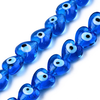Handmade Evil Eye Lampwork Beads Strands, Heart, Dodger Blue, 12~12.5x12~13x7.5mm, Hole: 1.2mm, about 33pcs/strand, 14.76 inch(37.5cm)