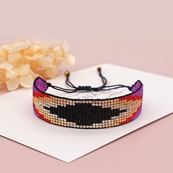 Miyuki Seed Braided Bead Bracelet, Wide Band with Rhombus Pattern Friendship Bracelet for Women, Fuchsia, 11 inch(28cm)