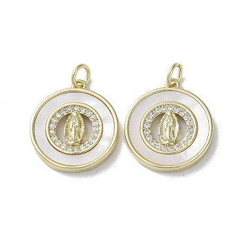 Brass Micro Pave Cubic Zirconia Pendants, with Shell, Virgin Mary Pattern, Real 18K Gold Plated, Flat Round, 19.5x17x3mm, Hole: 3mm