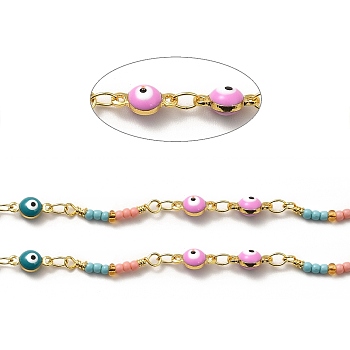 Brass Enamel Evil Eye Link Chains, with Colorful Glass Beaded, Soldered, with Spool, Real 18K Gold Plated, 20x3x2mm, 9x4.5x4mm