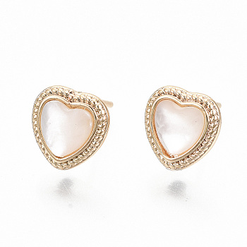 Brass Micro Pave Clear Cubic Zirconia Stud Earring Findings, with Freshwater Shell, with Loop, Nickel Free, Heart, Real 18K Gold Plated, 9x9mm, Hole: 0.9mm, Pin: 0.8mm
