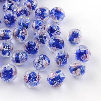 Handmade Luminous Inner Flower Lampwork Beads, Round, Blue, 12mm, Hole: 2mm