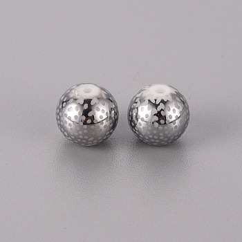 Electroplate Glass Beads, Round with Pattern, Platinum Plated, 10mm, Hole: 1.2mm