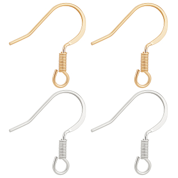 100Pcs 2 Colors Brass Earring Hooks, Ear Wire, with Horizontal Loops, Golden & Silver, 16~18x16~18x1.5mm, Hole: 2mm, 20 Gauge, Pin: 0.8mm, 50Pcs/color