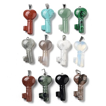 Natural & Synthetic Mixed Gemstone Pendants, Key Charms with Platinum Plated Iron Snap on Bails, 42~44x21~22x9~10mm, Hole: 8x4.5mm