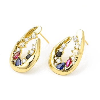 Colorful Cubic Zirconia Twist Teardrop Stud Earrings, Brass Jewelry for Women, Cadmium Free & Nickel Free & Lead Free, Real 18K Gold Plated, 24x15mm, Pin: 0.7mm
