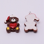 Opaque Resin Pendants with Platnium Tone Iron Accessories, for Christmas, Bear with Heart, Brown, 32.5x22.5x9.5mm, Hole: 1.5mm(RESI-WH0014-10)